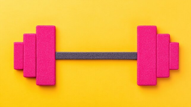 Bright pink barbell placed horizontally on a vibrant yellow background, symbolizing fitness and strength.