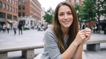 Fototapeta premium Smiling young woman sitting on a bench in a city plaza. Happy female in a grey sweater with clasped hands resting outdoors in an urban square