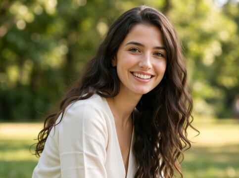 Smiling young woman sitting in a green park. Portrait of a happy female with long curly hair outdoors in nature