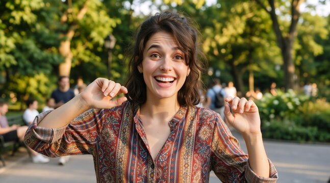 Surprised and excited young woman in a public park. Cheerful female with hands raised looking at the camera with a joyful expression