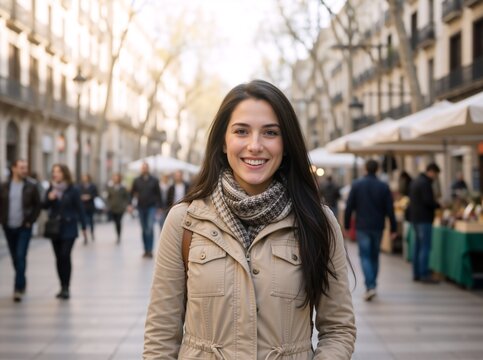 Smiling young woman on a busy city pedestrian street. Happy female tourist in a beige jacket and plaid scarf exploring the urban outdoors