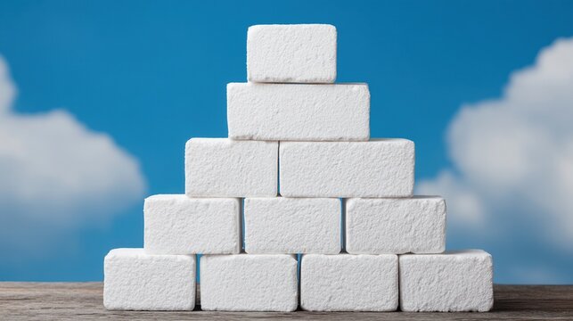 A pyramid made of white sugar cubes stacked on a wooden surface against a blue sky with clouds.