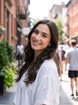 Portrait of a smiling young woman on a city street. Happy brunette female looking back over her shoulder on an urban sidewalk. Casual lifestyle concept
