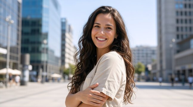 Cheerful young woman smiling with arms crossed in a modern city plaza. Happy brunette female standing in front of skyscrapers on a sunny day