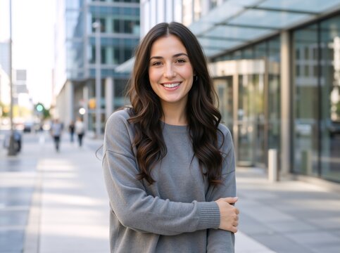 Smiling young woman in a grey sweater on a city street. Happy brunette female standing with arms crossed in front of a modern office building