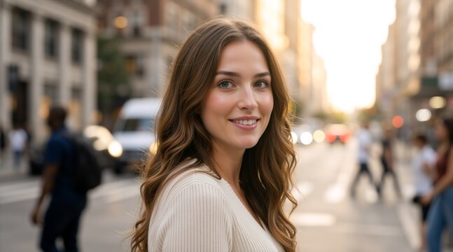 Portrait of a smiling young woman on a city street. Happy female with long brown hair in a cream sweater. Urban lifestyle concept