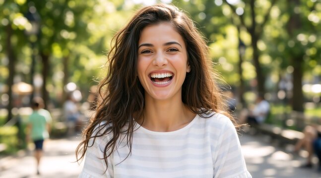 Portrait of a joyful young woman laughing in a sunny park. Cheerful brunette female with wavy hair in striped t-shirt outdoors. Happy lifestyle concept