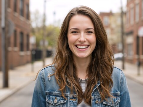 Portrait of a happy young Caucasian woman smiling on a city street. Cheerful female wearing a denim jacket in an urban environment