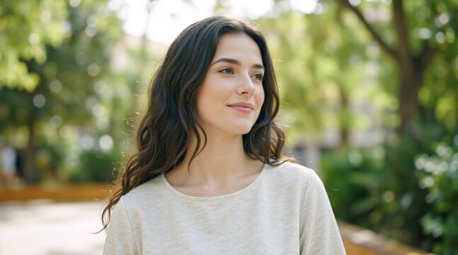 Portrait of a smiling young woman looking away in a green park. Thoughtful female with long wavy hair outdoors in nature