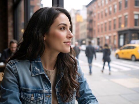 Young woman in a denim jacket looking out of a cafe window. Smiling female sitting inside a coffee shop with a blurred city street background. Urban lifestyle concept