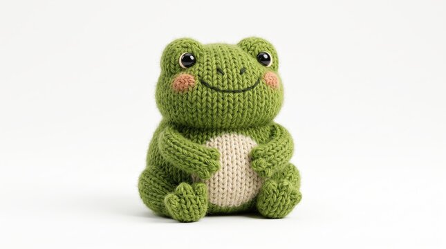 Knitted green frog toy on white background. Cute handmade crochet animal for nursery decor.