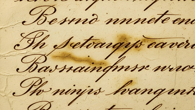 Vintage handwritten calligraphy script ink text on aged paper featuring textured scorched edges and weathered surface