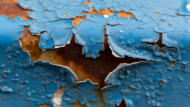 Weathered blue paint chips reveal rough oxidized orange metal underneath in extreme macro close up detail
