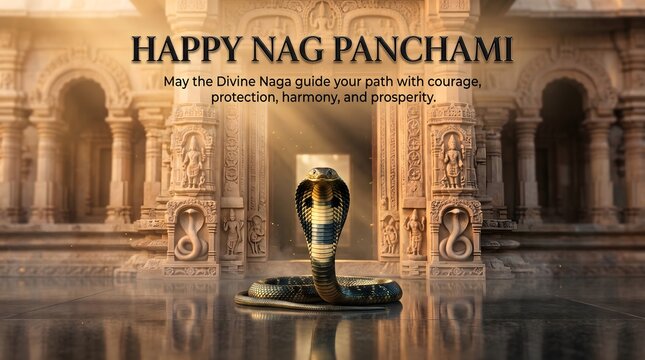 Happy nag panchami celebration greeting with divine cobra with intricately carved ancient
