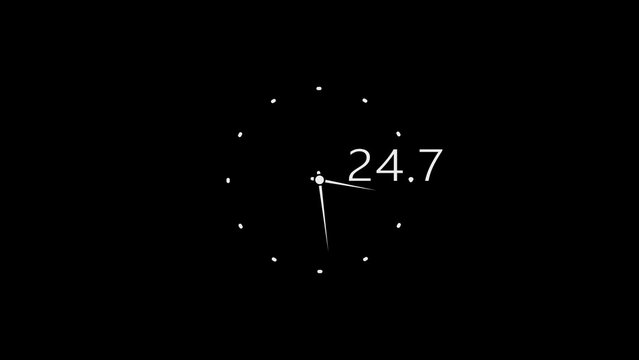 A dark black background a minimalist white analog clock face with tick marks and a central pivot, where the hour hand points to approximately 9 and the minute hand points to the number 24.7