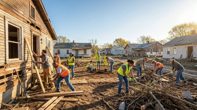 A diverse group of volunteers work together on a community housing renovation project, clearing debris and rebuilding a home