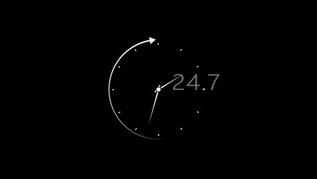 A minimalist clock face rendered in white outline with a single hand and an arrow indicating motion, presented on a stark black background. Subtle dots serve as hour markers, and a digital readout