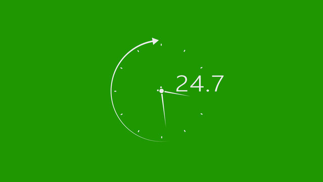 A simple clock face with a white outline, a single hand, and an arrow indicating movement, set against a vibrant green background. Small dots represent the hour markers, and a digital display the