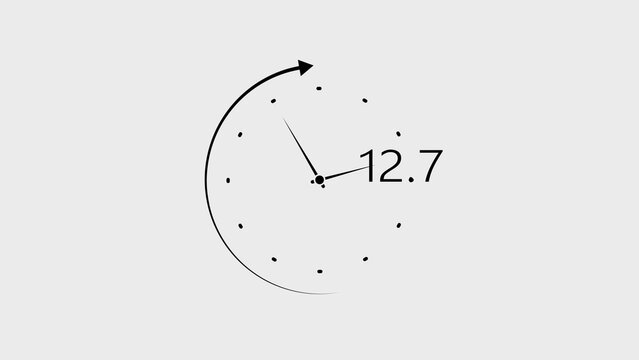 Minimalist clock face with a single hand and an arrow indicating movement on a light gray background with subtle dots representing hours and a digital display showing 12.7, suggesting time tracking