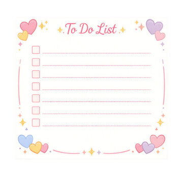 Cute pixel art to do list notepad with pastel hearts isolated on white background