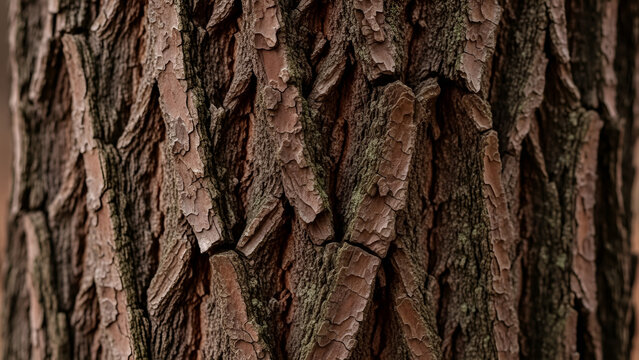 Rough textured pine tree bark featuring deep vertical grooves in natural brown and grey earthy tones