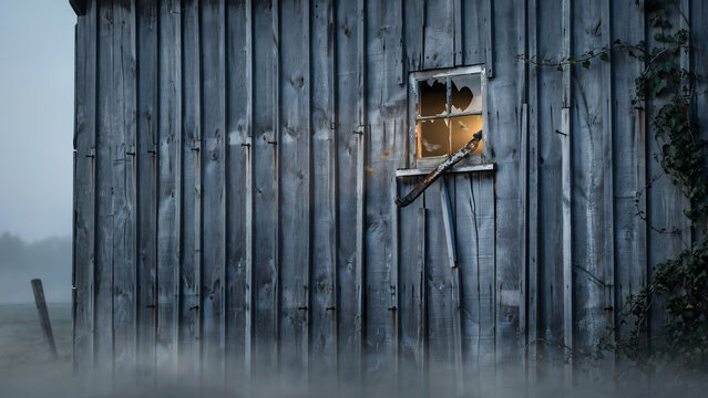 A weathered blue wooden barn wall with a small, broken window glowing with warm light, surrounded by climbing ivy and thick morning fog outside
