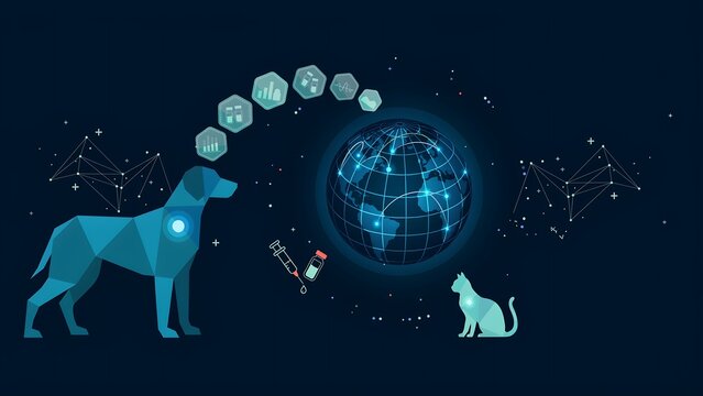 Digital of a dog and cat with a globe, medical and data network connections on a dark blue background, for veterinary care