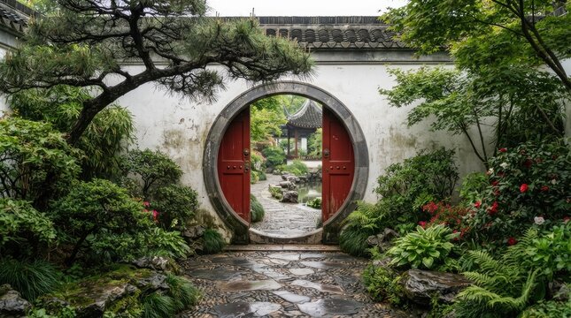 A beautiful traditional chinese moon gate entrance in a serene garden setting perfect for celebrating the cultural heritage during the national day china holiday period
