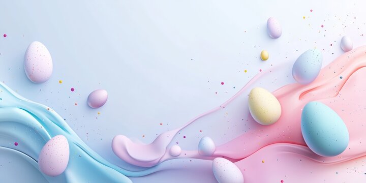 Colorful pastel Easter eggs floating on flowing liquid ribbons with confetti in a soft 3D render.