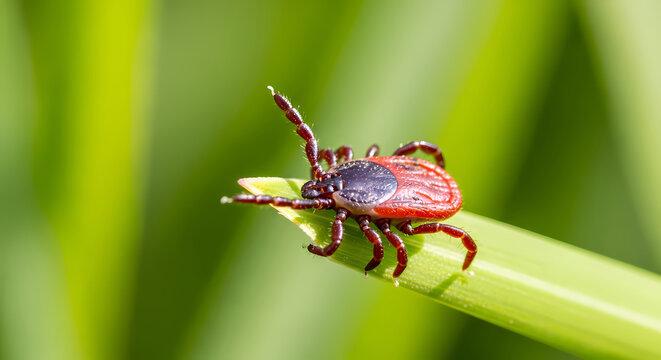 A close up of a tick crawling on a green blade of grass in nature.