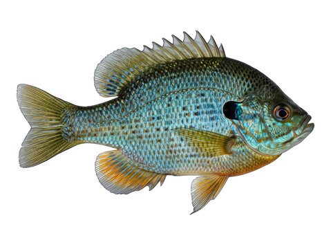 Bluegill sunfish freshwater fish detail with iridescent blue scales and yellow fins
