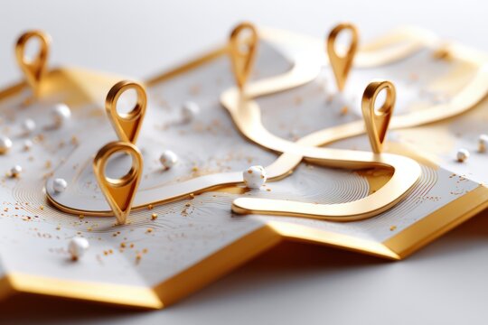 Navigational Pointers on a Stylized Map: A close-up view of a map with golden navigational pins marking various points of interest, highlighting the concept of direction and destination.
