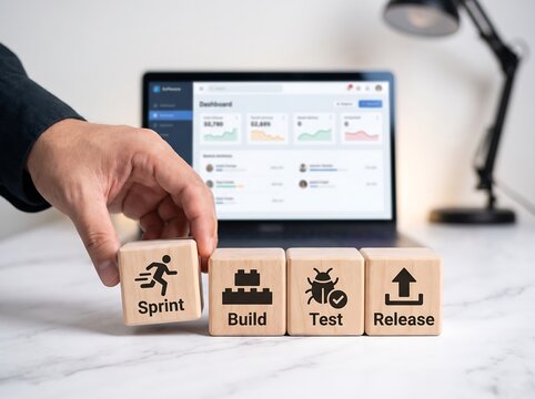 Developer places wooden blocks representing agile software development lifecycle stages sprint build test release next to a laptop with dashboard data