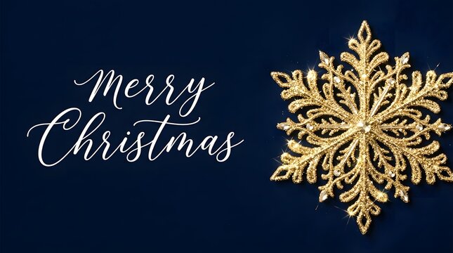 Elegant merry christmas greeting card design featuring a beautiful golden snowflake on a deep dark blue background