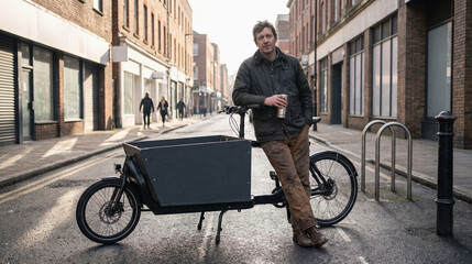 Obraz premium Morning Cargo Bike Courier Break at a Quiet City Curb