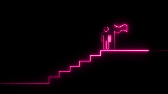 Glowing neon line of man conquering mountain peak icon isolated on transparent background. 4k animation alpha chanel loop.