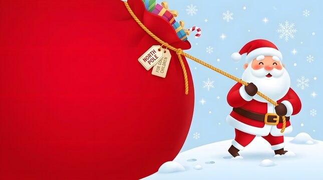 Cute cartoon santa claus pulling a huge red gift bag full of presents on a snowy winter day