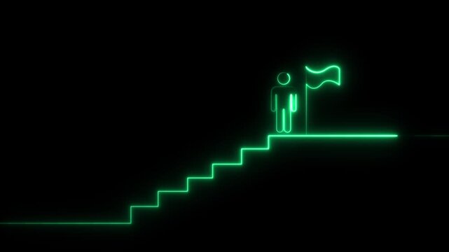 Glowing neon line of man conquering mountain peak icon isolated on transparent background. 4k animation alpha chanel loop.