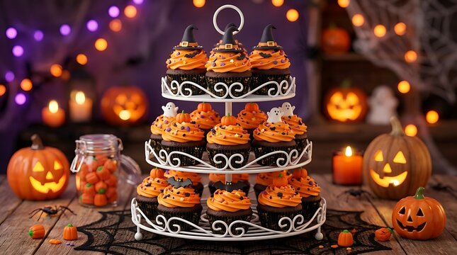 Spooky Halloween Cupcakes Tier Stand with Witch Hats, Ghosts, Bats Toppers, and Jack-o'-Lantern Pumpkins Background