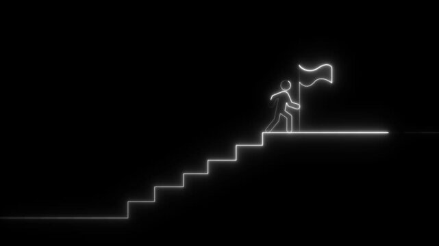 stairs icon sign icon animation on Glowing neon business graph chart concept .Man and stairs icon sign icon  black background.4k animation video.