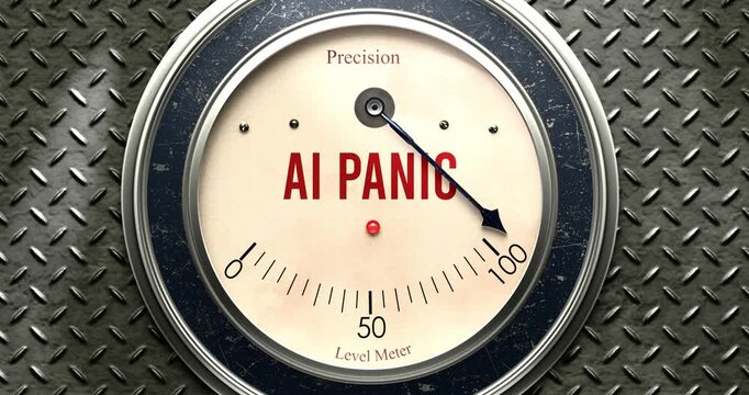 Ai Panic  meter that is hitting a full scale, showing rising levels of ai panic, overload of it, too much of it. Maximum value, off the charts.
