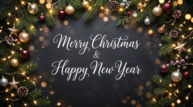 Elegant merry christmas and happy new year greeting card with festive holiday decorations and glowing golden lights on black background