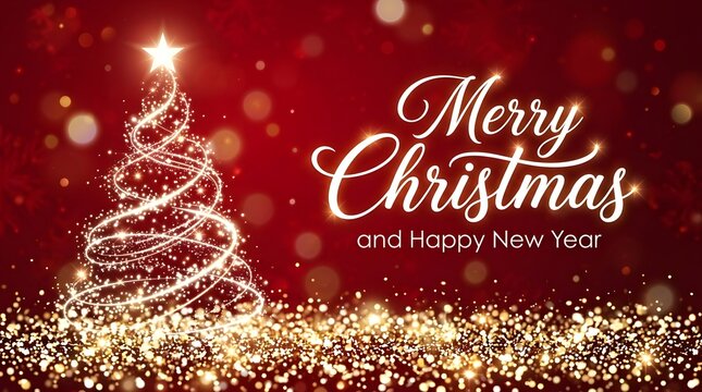 Merry christmas and happy new year greeting card with a golden glowing pine tree on a red background