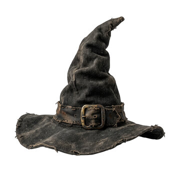 A weathered and rustic vintage witch hat with a textured fabric design for spooky halloween celebrations