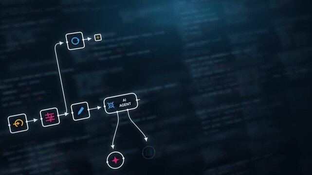 Dynamic AI Agent Workflow Animation with Blurred Code Backdrop in Deep Blue and Teal Hues, Featuring Glowing Elements and Colorful Icons, Perfect for Tech Presentations