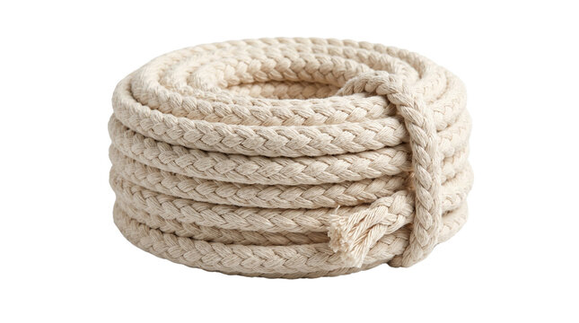 Thick coiled cotton rope isolated on white background featuring intricate braided texture and natural fibers