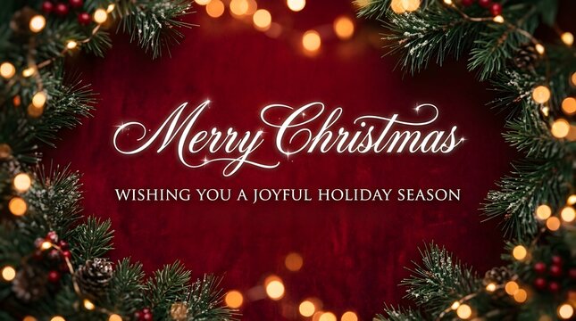 Merry christmas greeting card design with elegant calligraphy text framed by glowing festive pine tree branches and lights