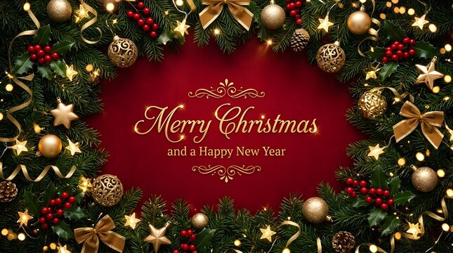 Elegant merry christmas greeting card design with a festive evergreen wreath frame and glowing golden holiday ornaments