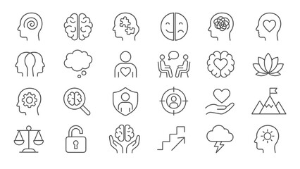 Fototapeta premium Collection of mental health icons representing various aspects of emotional wellbeing and psychological support