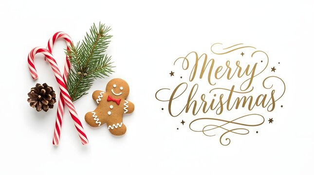 Festive christmas background featuring a cute gingerbread man candy canes pine branch and elegant gold holiday greeting calligraphy